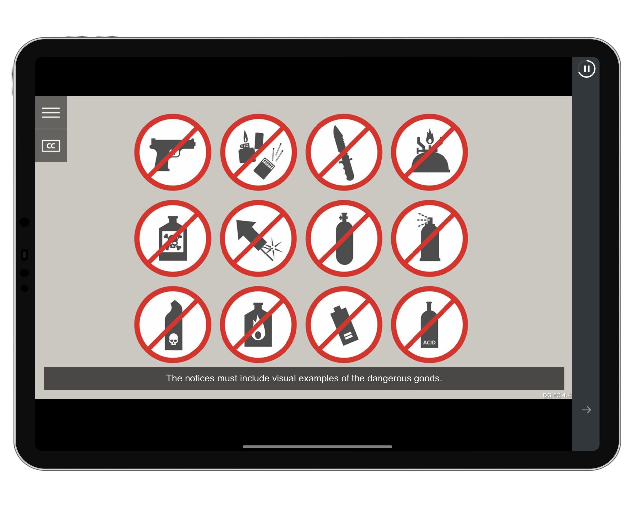 Screenshot showing Dangerous Goods course for the airline flight crew, cabin crew and the airport security staff.