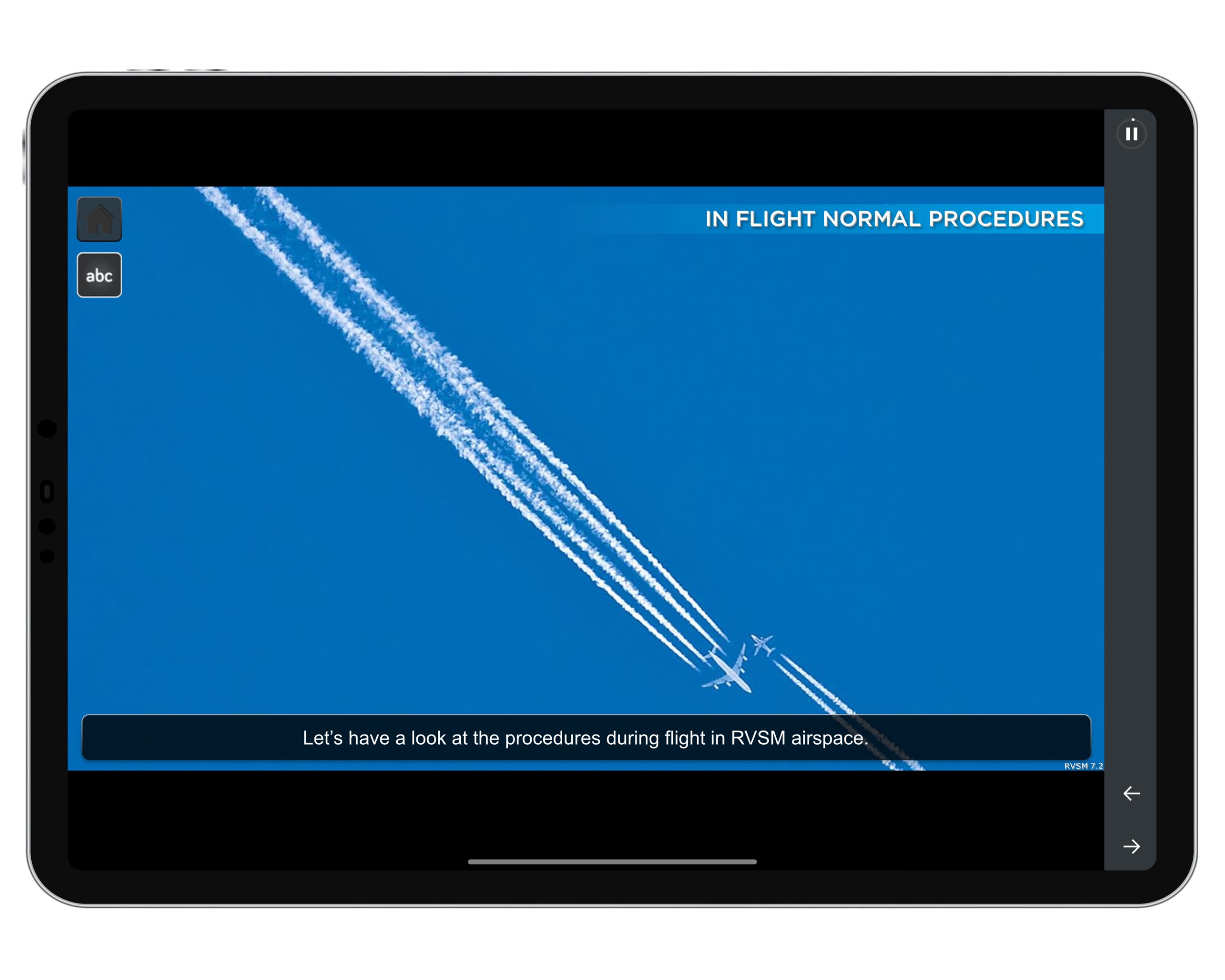 Screenshot showing Reduced Vertical Separation Minima course for the airline flight crew and flight instructors.